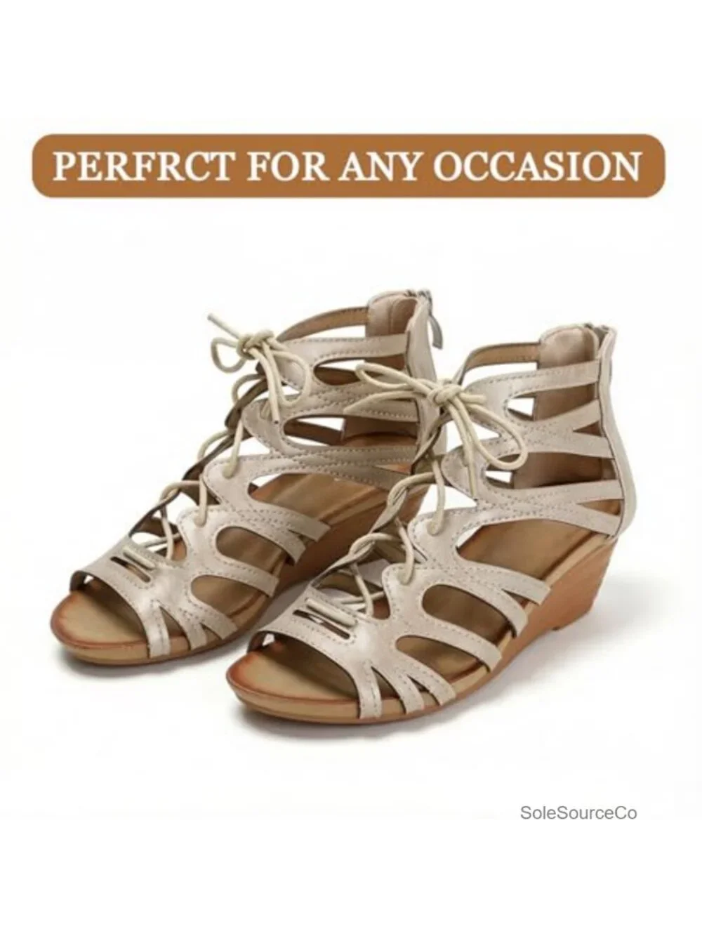 Women's Faux Leather Hollow Wedge Roman Sandals with Back Zipper Comfortable